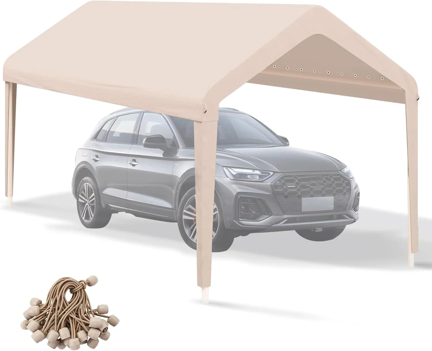 Carport Canopy 10'x20' Heavy Duty Replacement Cover, Garage Shelter Cover 800D Oxford Waterproof & UV Protected Tarp with Ball Bungees, Not Include Frame - Beige
