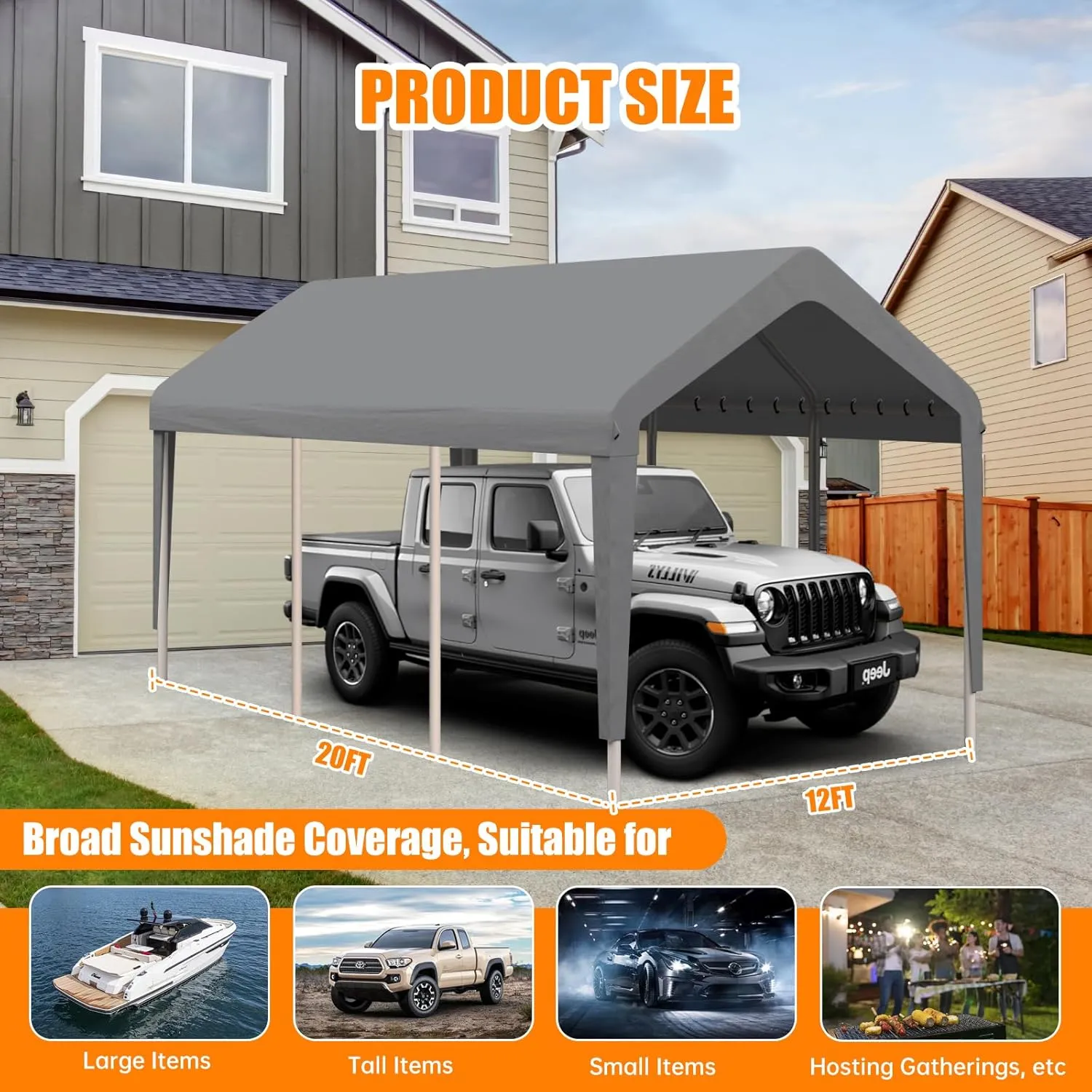 Carport Canopy 12'x20' Replacement Cover, Heavy Duty Garage Shelter Cover 800D Oxford Waterproof & UV Protected Tarp with Ball Bungees, Not Include Frame, Gray