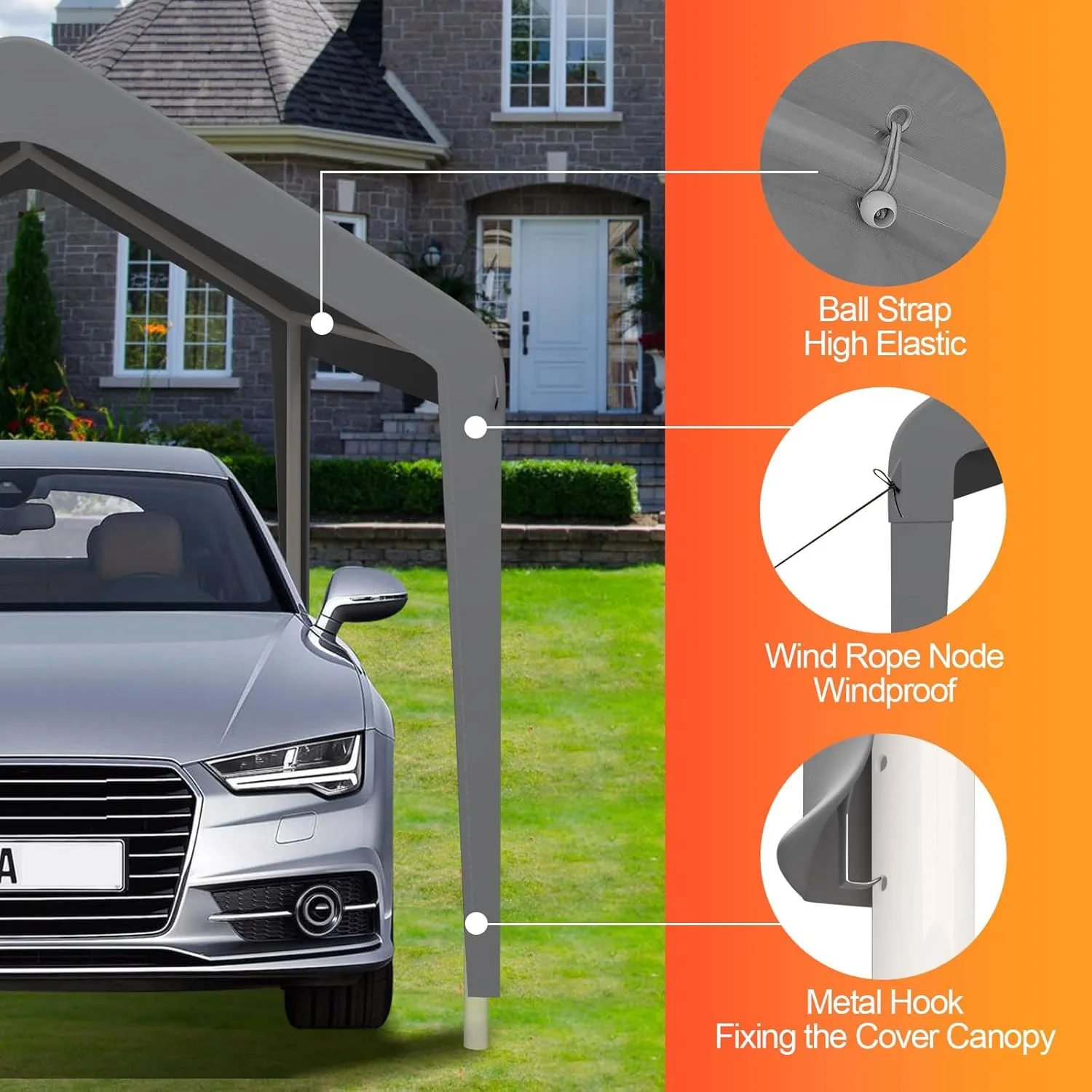Carport Canopy 12'x20' Replacement Cover, Heavy Duty Garage Shelter Cover 800D Oxford Waterproof & UV Protected Tarp with Ball Bungees, Not Include Frame, Gray