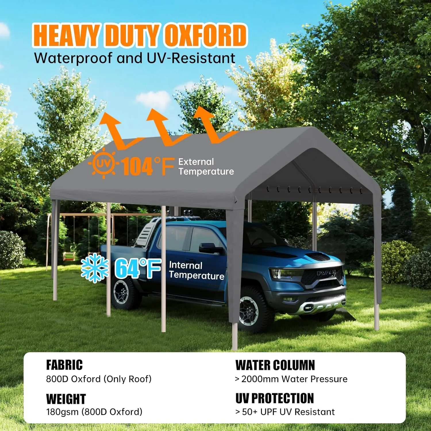 Carport Canopy 12'x20' Replacement Cover, Heavy Duty Garage Shelter Cover 800D Oxford Waterproof & UV Protected Tarp with Ball Bungees, Not Include Frame, Gray