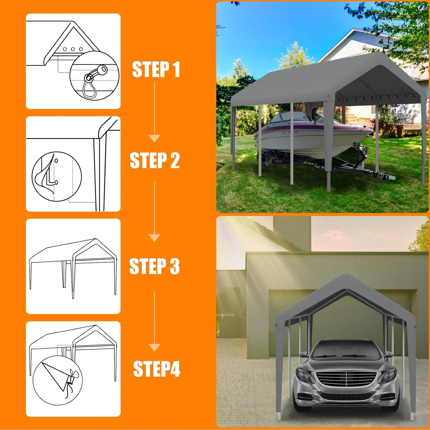 Carport Canopy 12'x20' Replacement Cover, Heavy Duty Garage Shelter Cover 800D Oxford Waterproof & UV Protected Tarp with Ball Bungees, Not Include Frame, Gray