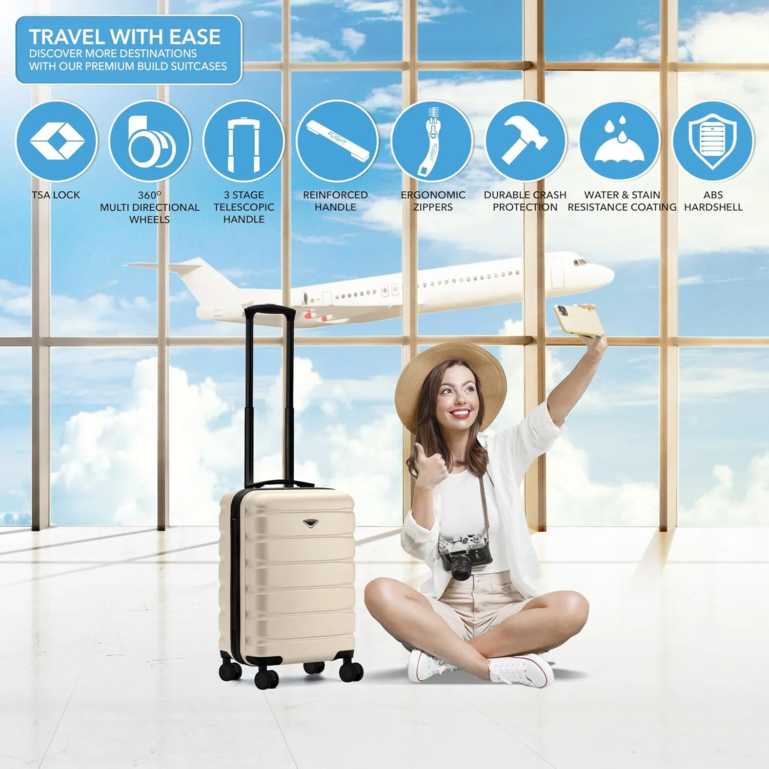 Carry On Suitcase 22x14x9 Hardside Built In TSA Lock & USB Port Lightweight Luggage Silent Double Spinner Wheels Maximum Overhead Carry-On Bag For American & United Approved Airlines
