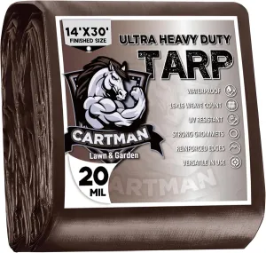 CARTMAN Finished Size 14x30 Feet Extra Thick 20 Mil Brown Ultra Heavy Duty Poly Tarp, Multipurpose Protective Cover, UV Resistant, Waterproof Poly Tarpaulin with Reinforced Edges