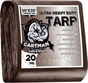 CARTMAN Finished Size 30x30 Feet Extra Thick 20 Mil Brown Ultra Heavy Duty Poly Tarp, Multipurpose Protective Cover, UV Resistant, Waterproof Poly Tarpaulin with Reinforced Edges