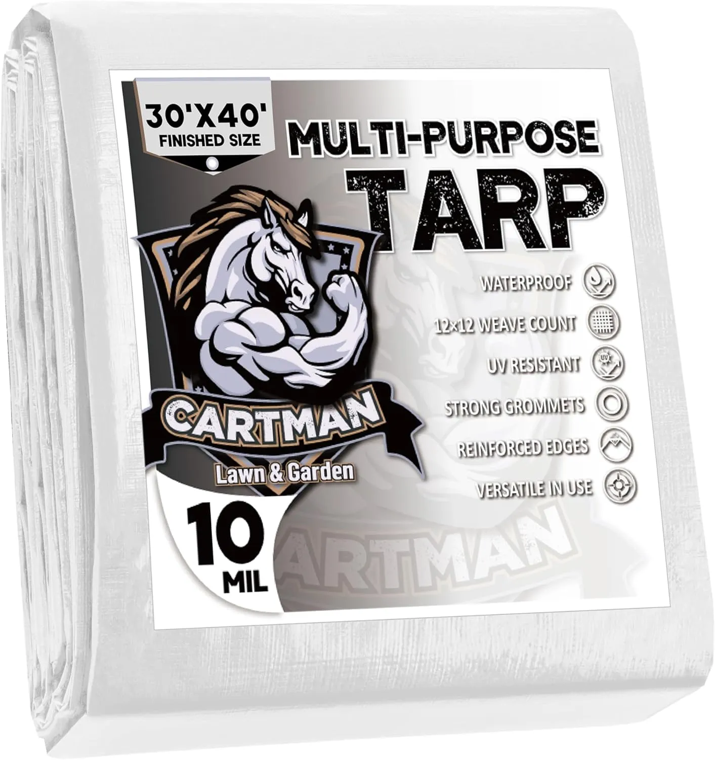 CARTMAN Finished Size 30x40 Feet 10 Mil White Heavy Duty Poly Tarp, Multipurpose Protective Cover, UV Resistant, Waterproof Poly Tarpaulin with Reinforced Edges Tarpaulin with Reinforced Edges