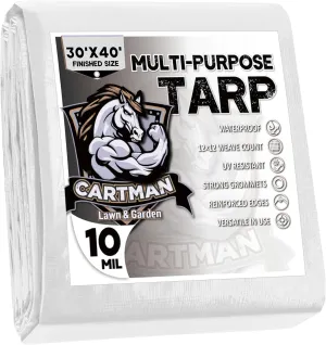 CARTMAN Finished Size 30x40 Feet 10 Mil White Heavy Duty Poly Tarp, Multipurpose Protective Cover, UV Resistant, Waterproof Poly Tarpaulin with Reinforced Edges Tarpaulin with Reinforced Edges