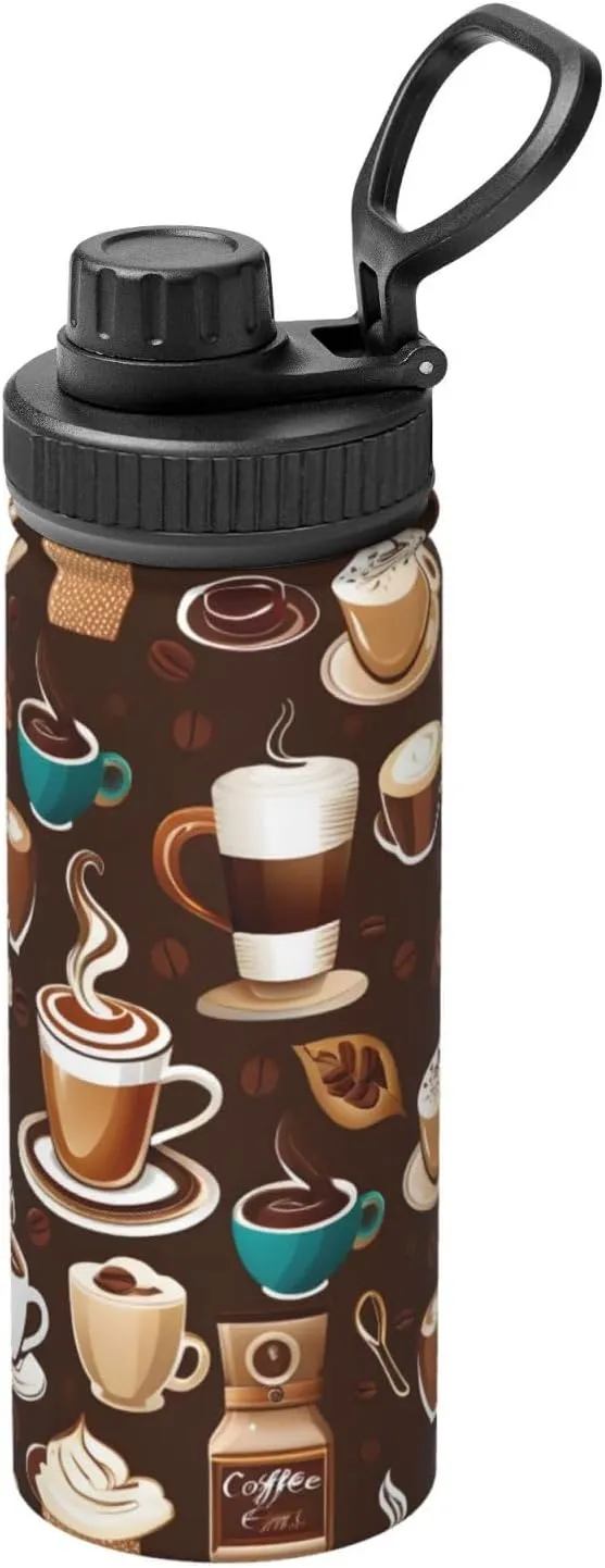 Cartoon Coffee 18 oz Stainless Steel Water Bottles Insulated Sports Water Bottle with Spout Lid, Double Wall Travel Water Flask for Running Hiking Fishing