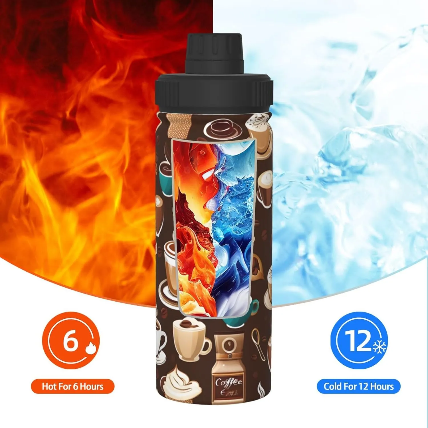 Cartoon Coffee 18 oz Stainless Steel Water Bottles Insulated Sports Water Bottle with Spout Lid, Double Wall Travel Water Flask for Running Hiking Fishing
