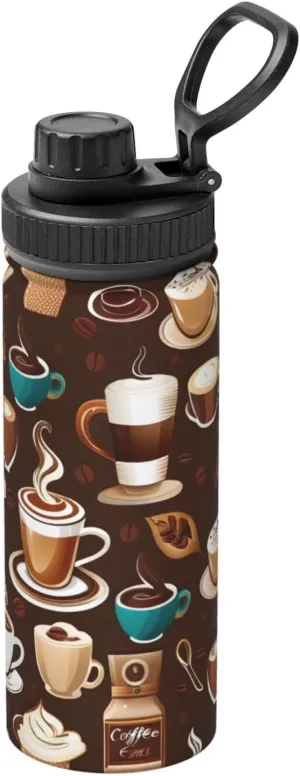 Cartoon Coffee 18 oz Stainless Steel Water Bottles Insulated Sports Water Bottle with Spout Lid, Double Wall Travel Water Flask for Running Hiking Fishing