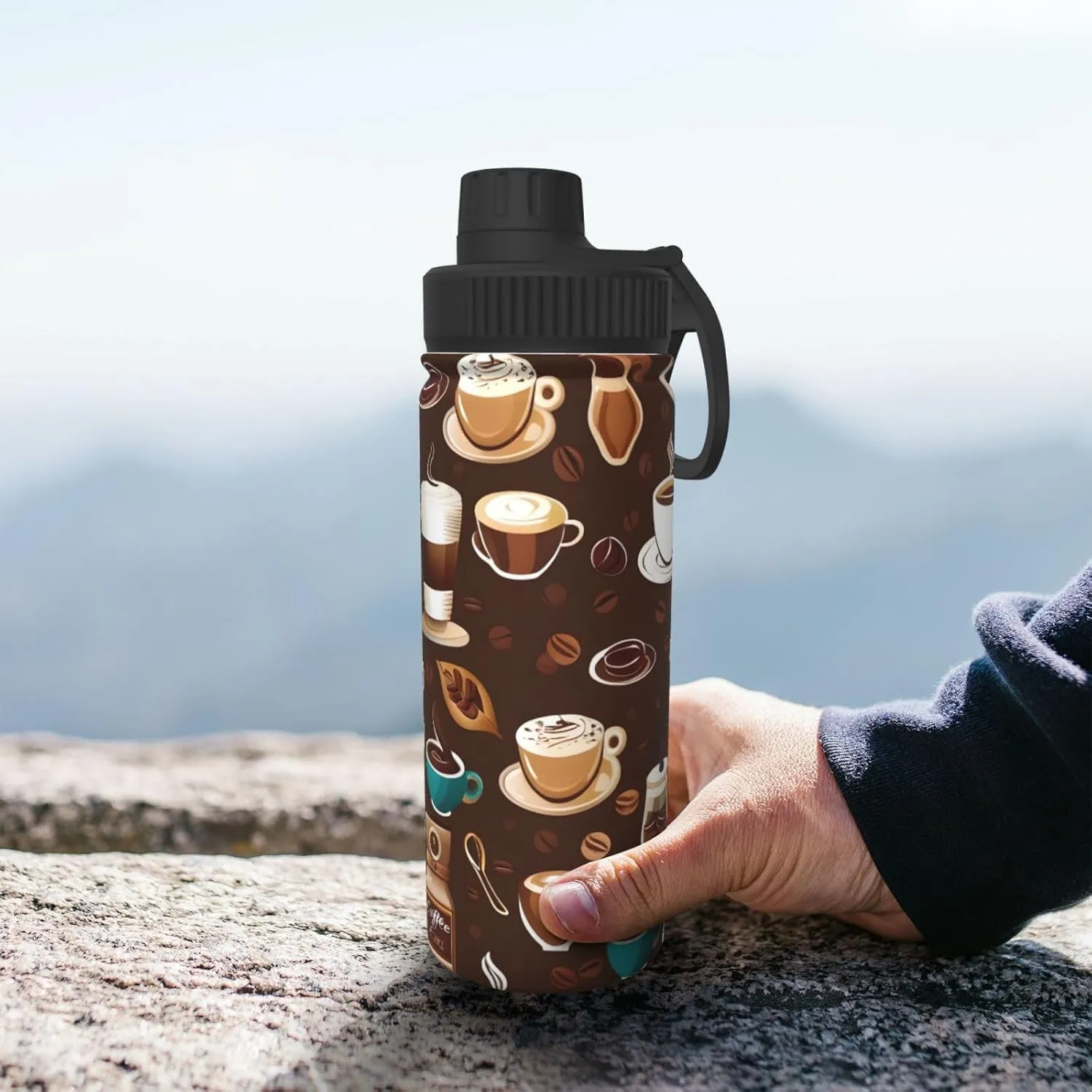 Cartoon Coffee 18 oz Stainless Steel Water Bottles Insulated Sports Water Bottle with Spout Lid, Double Wall Travel Water Flask for Running Hiking Fishing