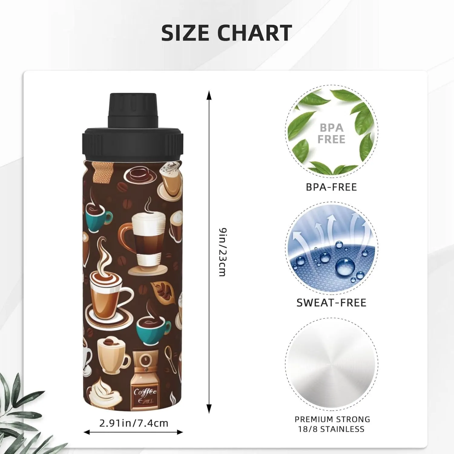Cartoon Coffee 18 oz Stainless Steel Water Bottles Insulated Sports Water Bottle with Spout Lid, Double Wall Travel Water Flask for Running Hiking Fishing