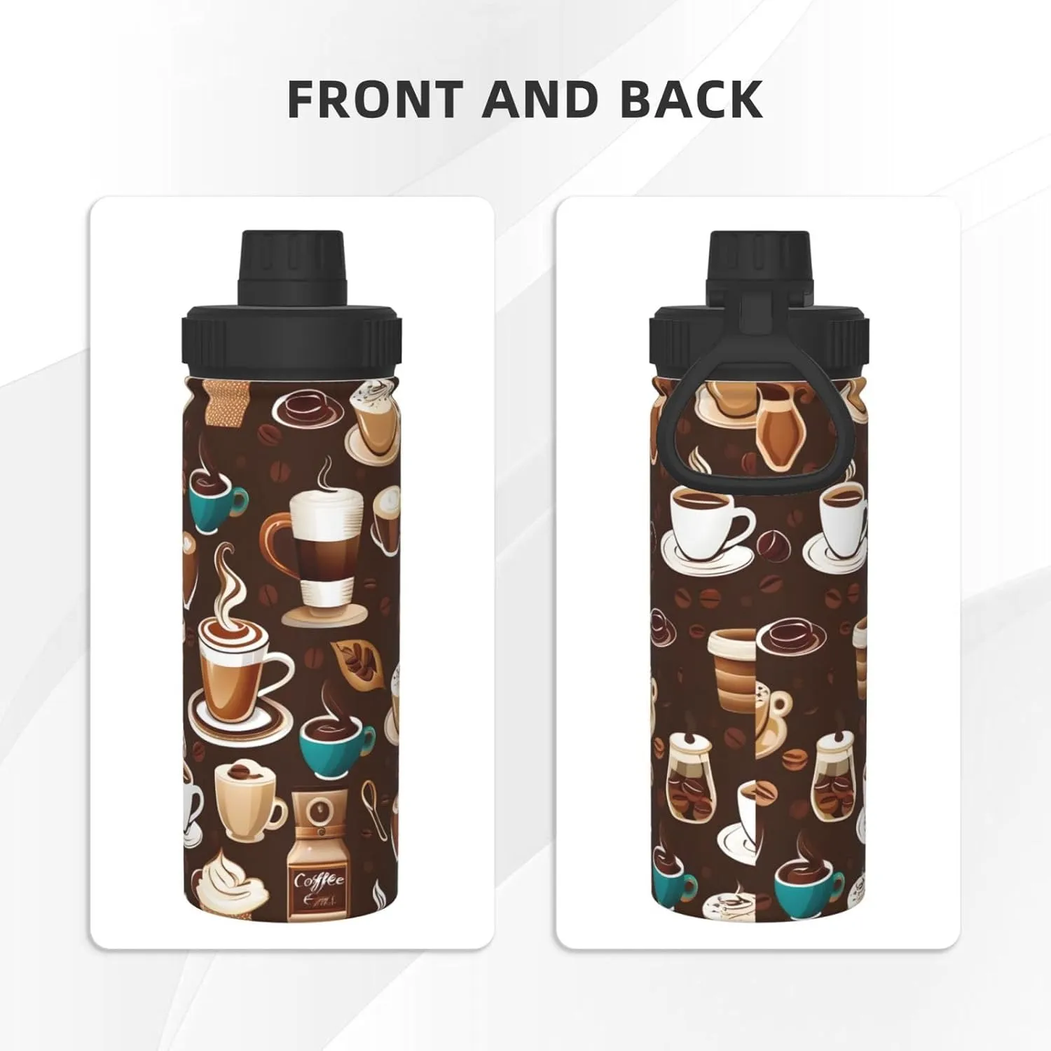 Cartoon Coffee 18 oz Stainless Steel Water Bottles Insulated Sports Water Bottle with Spout Lid, Double Wall Travel Water Flask for Running Hiking Fishing