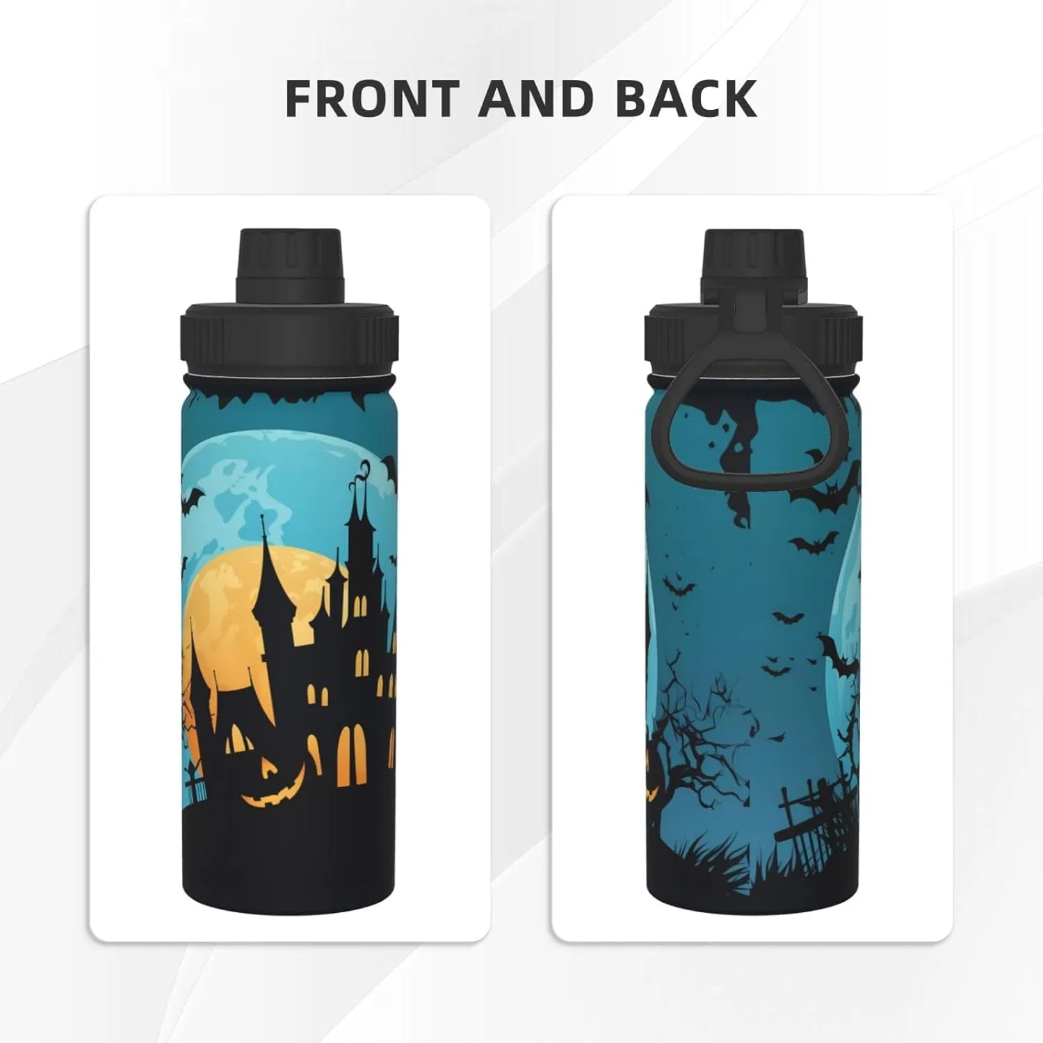 Castle Halloween Moon 18 oz Stainless Steel Water Bottles Insulated Sports Water Bottle with Spout Lid, Funny Pumpkins Double Wall Travel Water Flask for Men Women