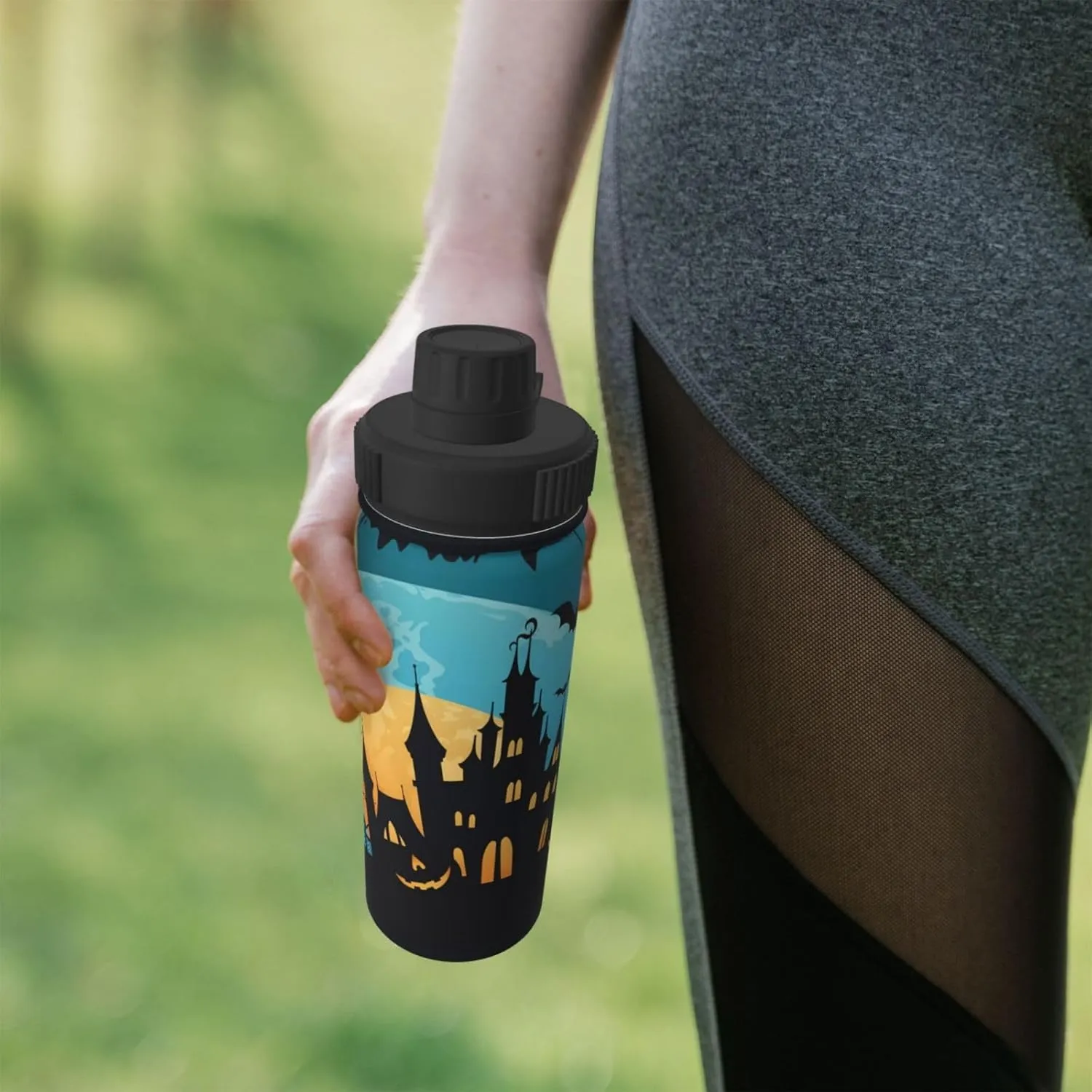 Castle Halloween Moon 18 oz Stainless Steel Water Bottles Insulated Sports Water Bottle with Spout Lid, Funny Pumpkins Double Wall Travel Water Flask for Men Women