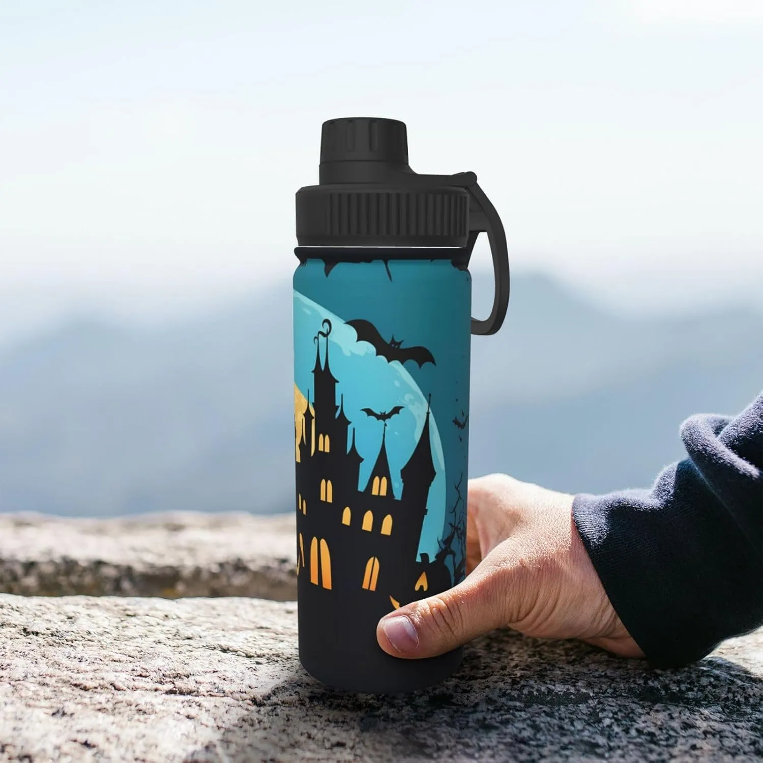 Castle Halloween Moon 18 oz Stainless Steel Water Bottles Insulated Sports Water Bottle with Spout Lid, Funny Pumpkins Double Wall Travel Water Flask for Men Women