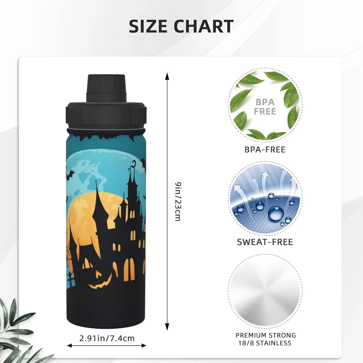 Castle Halloween Moon 18 oz Stainless Steel Water Bottles Insulated Sports Water Bottle with Spout Lid, Funny Pumpkins Double Wall Travel Water Flask for Men Women