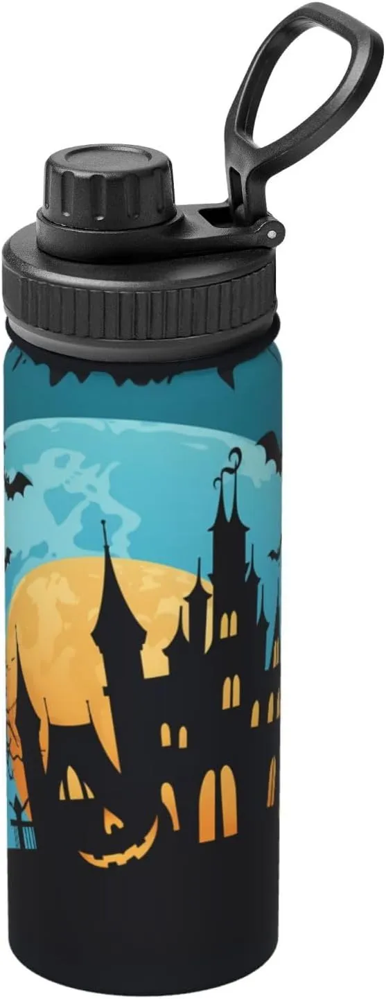 Castle Halloween Moon 18 oz Stainless Steel Water Bottles Insulated Sports Water Bottle with Spout Lid, Funny Pumpkins Double Wall Travel Water Flask for Men Women