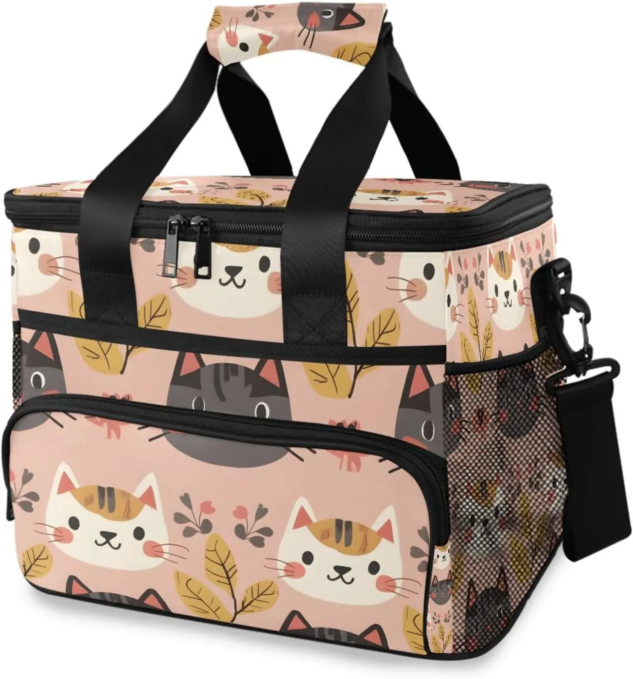 Cat Pink Flower Cooler Bag Insulated Cooler Soft Sided Cooler 24 Can Portable Picnic Bag Large Leakproof Lunch Bag Box for Beach Grocery Camping Travel Car Men Women