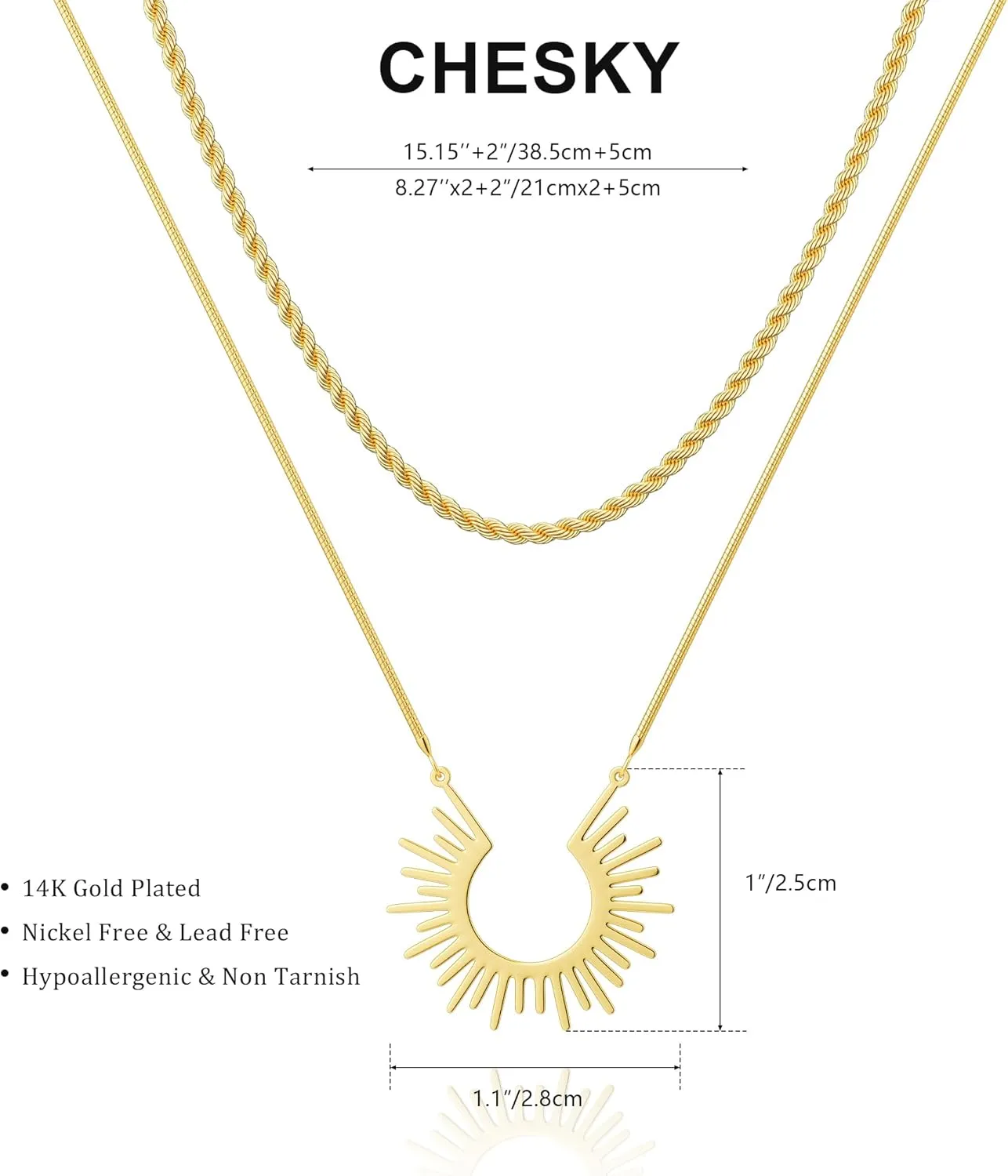 CHESKY Gold Pendant Necklace for Women, 14K Gold Plated Cubic Zirconia Dainty Sun and Moon Necklace Cute Minimalist Diamond Gemstone Turquoise Chain Choker Sunflower Necklace Jewelry Gifts for Women