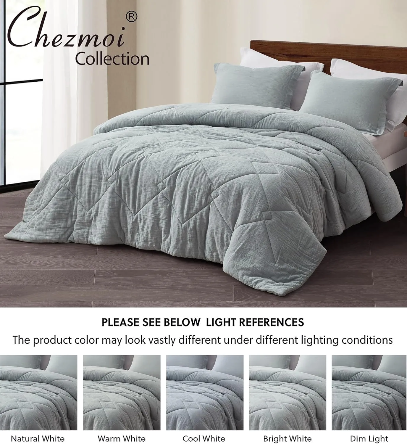 Chezmoi Collection Skye 3-Piece Breathable Lightweight Cotton Gauze Comforter Set Oversized King, Light Blue-Gray Reversible Soft Washed 100% Cotton Muslin Thin Comforter, 130GSM Fill Summer Blanket