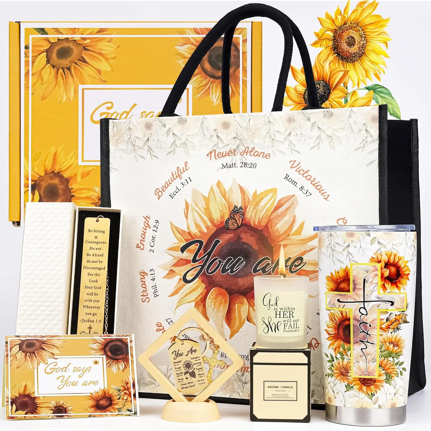Christian Sunflower Birthday Gifts for Women - Unique Inspirational Religious Basket for Mom Sister Friend, Christmas Get Well Soon Gift Package Box with Sunshine Tote Bag Faith Tumbler
