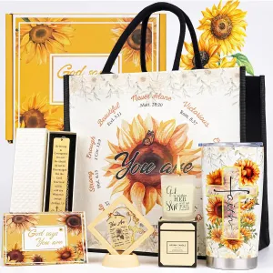 Christian Sunflower Birthday Gifts for Women - Unique Inspirational Religious Basket for Mom Sister Friend, Christmas Get Well Soon Gift Package Box with Sunshine Tote Bag Faith Tumbler