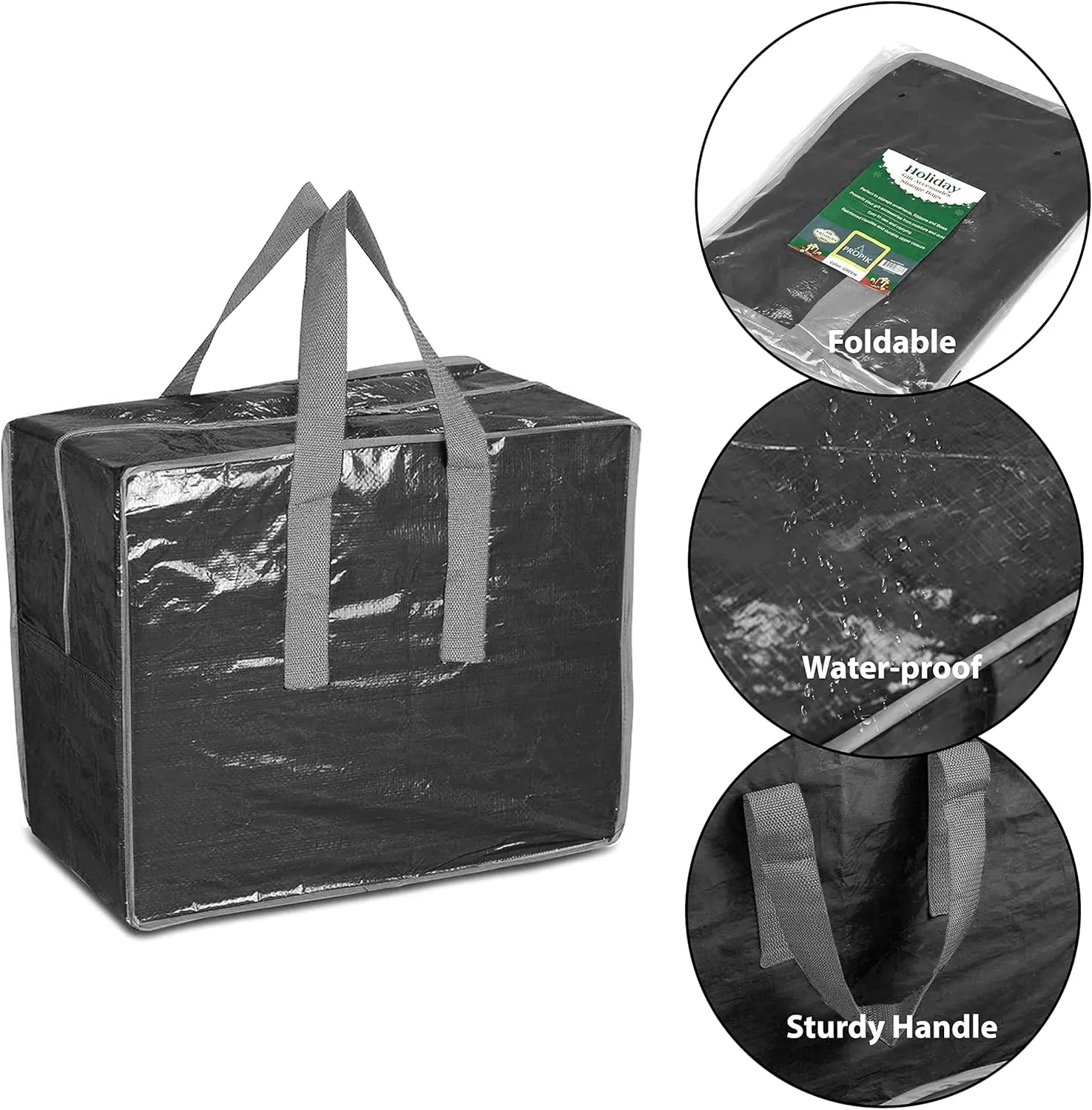 Christmas Ornaments Storage bags By ProPik Holiday Accessories Bag Tear-Proof Tarp 18 X 10 X 15 with Handles and Full Length Zipper (Black)