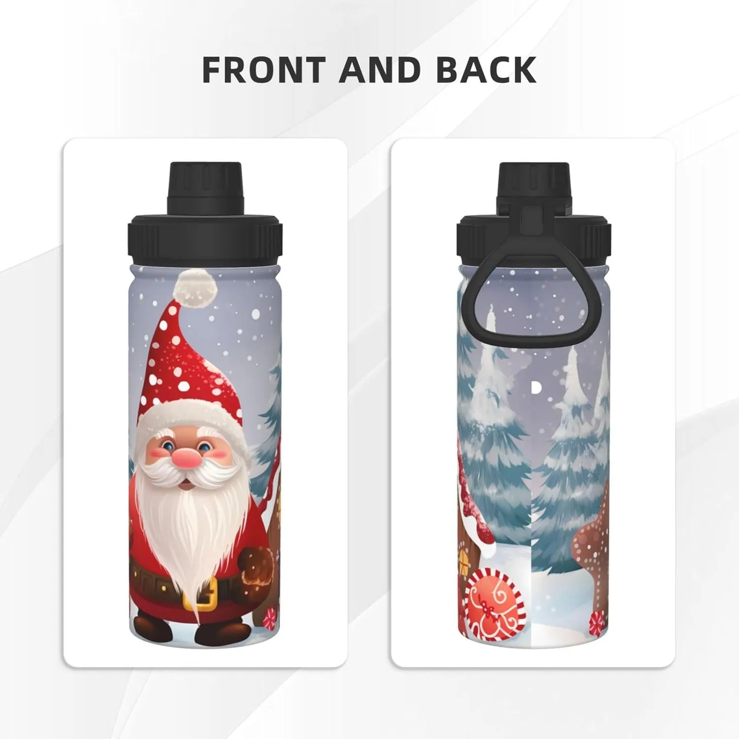 Christmas Snowman 18 oz Stainless Steel Water Bottles Insulated Sports Water Bottle with Handle, Winter Tree Candy Double Wall Travel Water Flask for Running Hiking Fishing