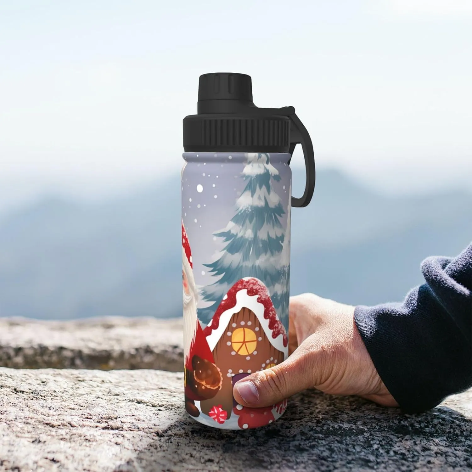 Christmas Snowman 18 oz Stainless Steel Water Bottles Insulated Sports Water Bottle with Handle, Winter Tree Candy Double Wall Travel Water Flask for Running Hiking Fishing