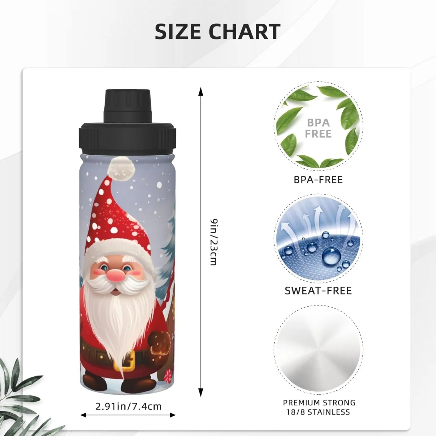 Christmas Snowman 18 oz Stainless Steel Water Bottles Insulated Sports Water Bottle with Handle, Winter Tree Candy Double Wall Travel Water Flask for Running Hiking Fishing