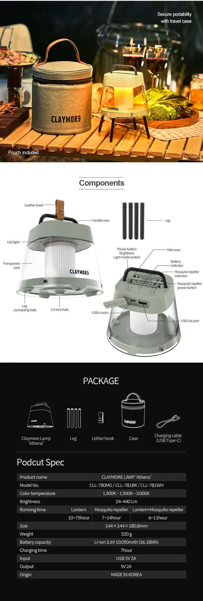 Claymore Athena Rechargeable Lamp with Pouch