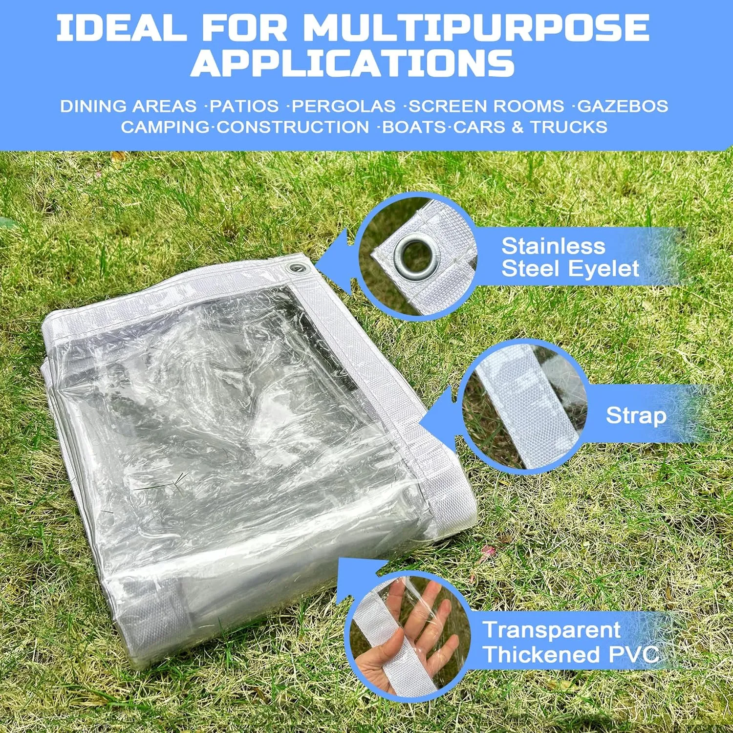 Clear Tarp 5 x 7FT, 20 Mil Clear Vinyl Tarp, Small Cover Plastic Sheeting with Grommets, Double-Stitched Reinforced Edges, Heavy Duty Tarps Waterproof and Tearproof