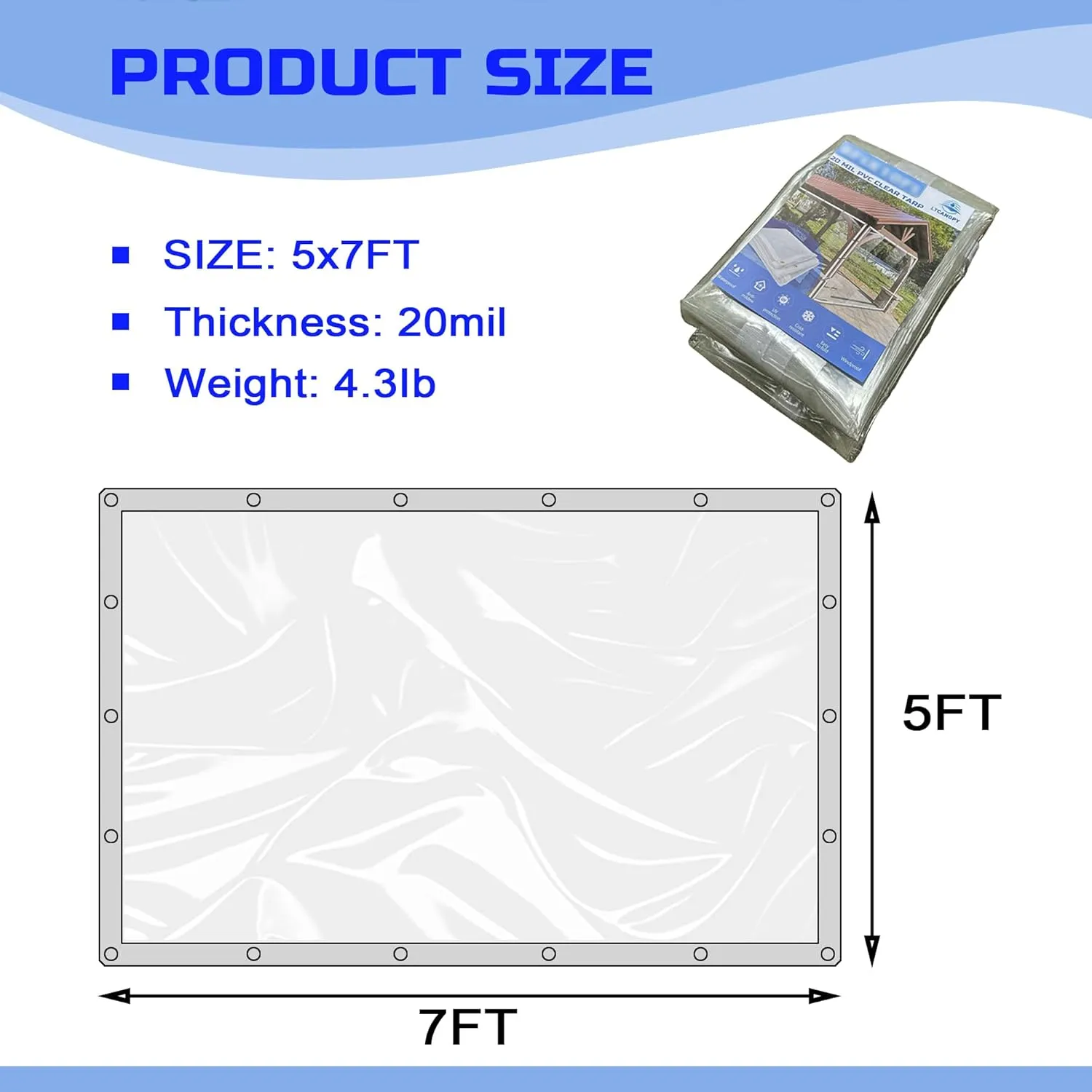 Clear Tarp 5 x 7FT, 20 Mil Clear Vinyl Tarp, Small Cover Plastic Sheeting with Grommets, Double-Stitched Reinforced Edges, Heavy Duty Tarps Waterproof and Tearproof