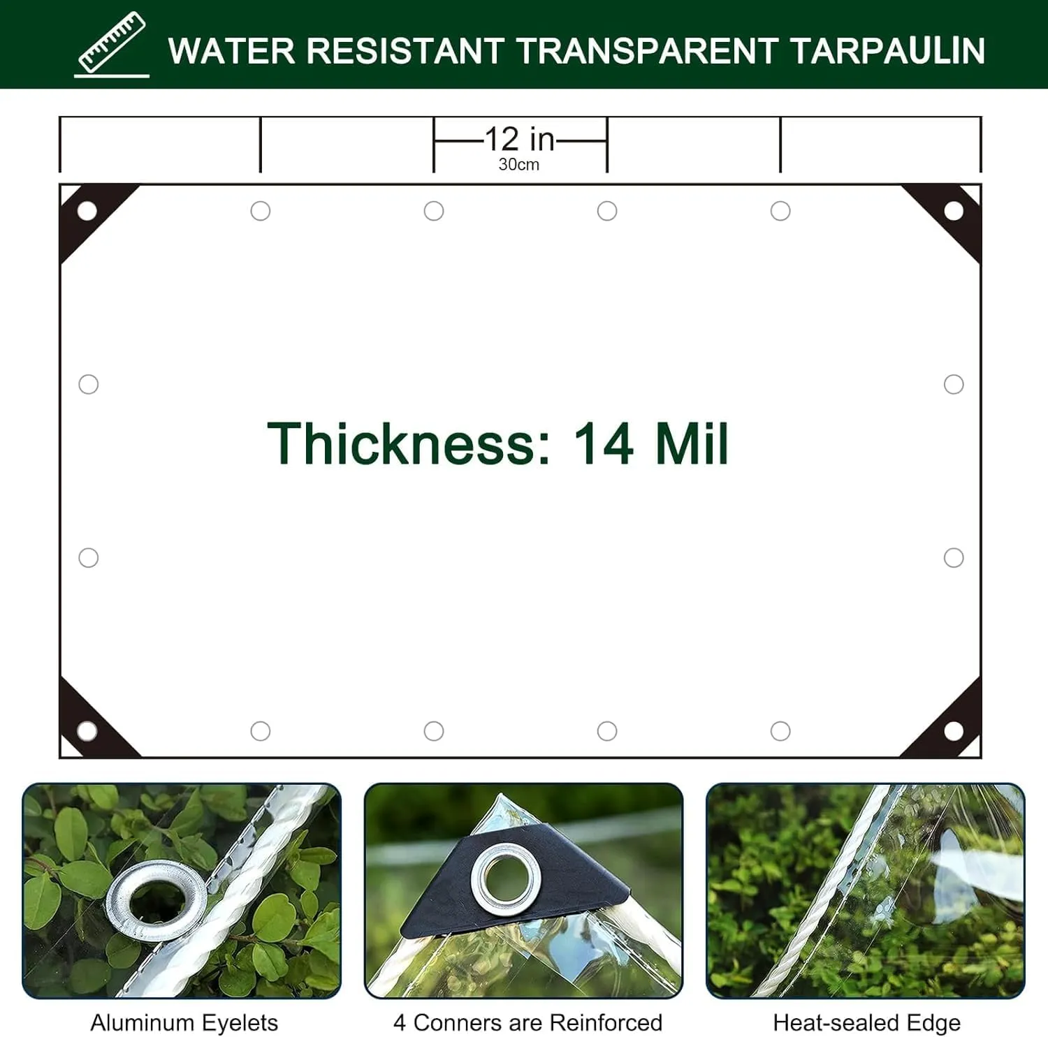 Clear Tarp with Grommets, Transparent Heavy Duty Waterproof Tarpaulin Cover with Reinforced Edge,14Mil Thickened Tear Resistant Waterproof PVC Vinyl Tarp for Patio,Camping,Greenhouse Outdoor 3x5ft