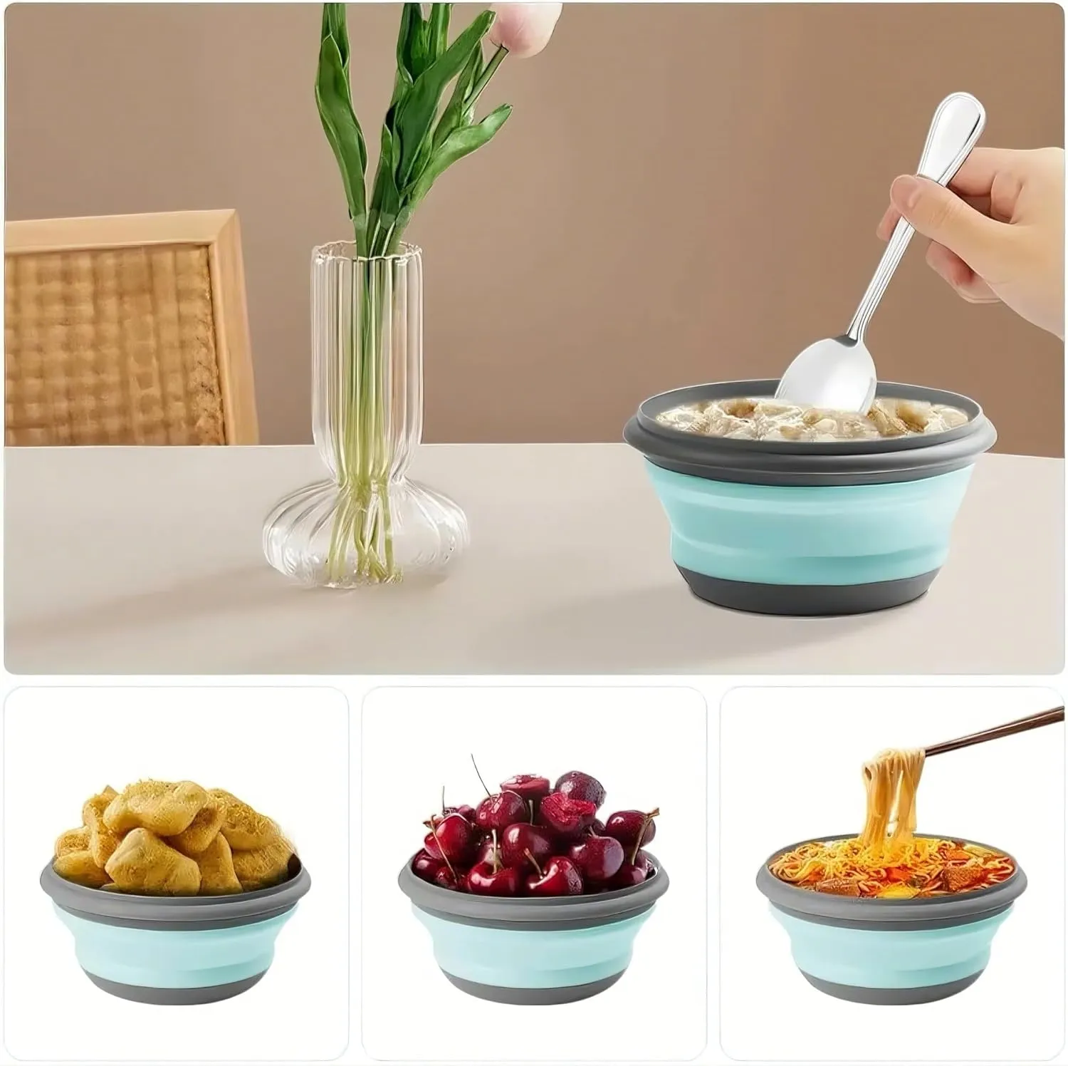 Collapsible Bowl Sets, Portable Camping Bowl With Lid, Portable Salad Bowl, Folding Lunch Box for Camping, Hiking, Kitchen, School(Green,H-1)