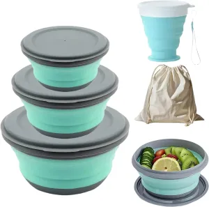 Collapsible Bowl Sets, Portable Camping Bowl With Lid, Portable Salad Bowl, Folding Lunch Box for Camping, Hiking, Kitchen, School(Green,H-1)
