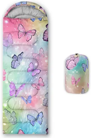 Colorful Butterfly Camping Sleeping Bags,3 Season Warm & Cool Weather,Lightweight Waterproof Sleeping Bags for Adults & Kids,Traveling and Outdoors,Camping Gear Equipment,31x90inch