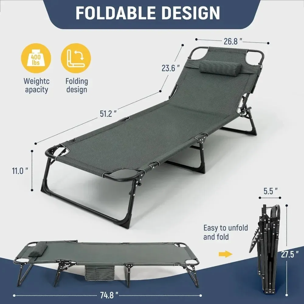 Comfortable Adjustable Camping Cot with Mattress and Pillow | 4-Position Folding Design | 74.8" x 26.8"