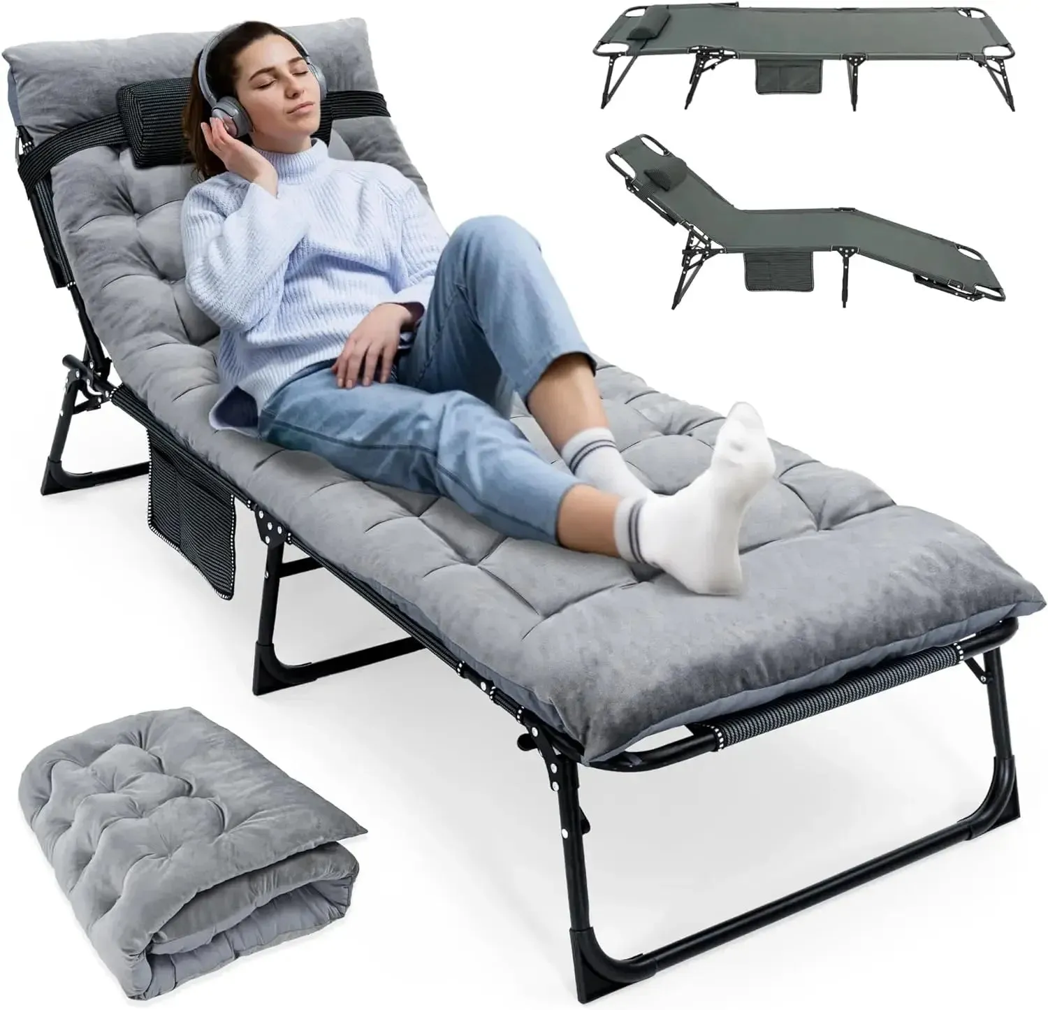 Comfortable Adjustable Camping Cot with Mattress and Pillow | 4-Position Folding Design | 74.8" x 26.8"