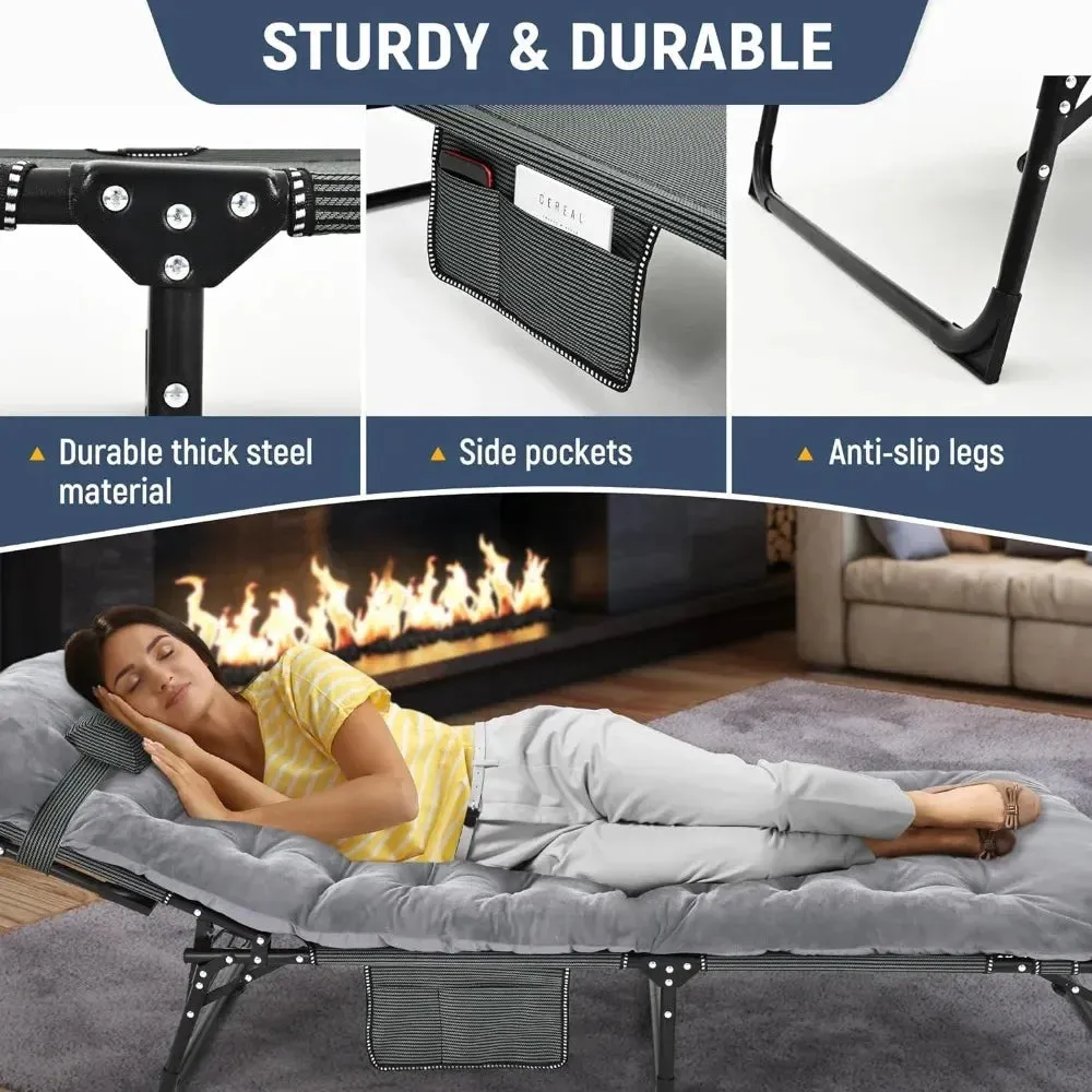 Comfortable Adjustable Camping Cot with Mattress and Pillow | 4-Position Folding Design | 74.8" x 26.8"