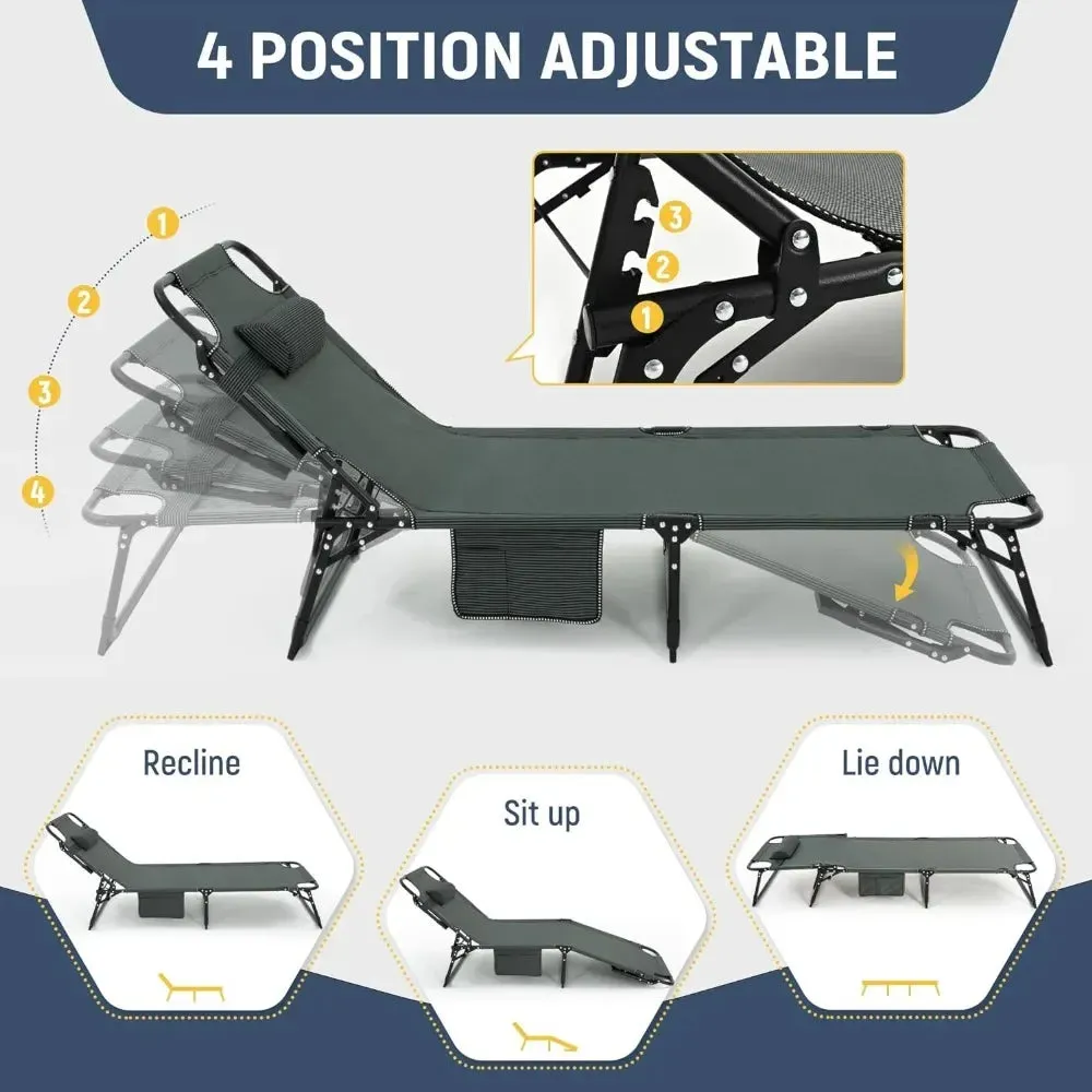 Comfortable Adjustable Camping Cot with Mattress and Pillow | 4-Position Folding Design | 74.8" x 26.8"