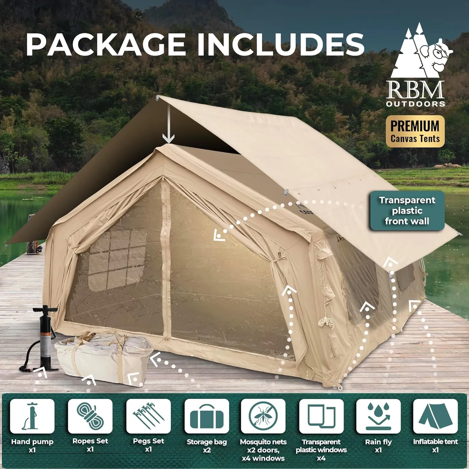 Coody | Rbm Outdoors Koala/Hub/Octopus Inflatable Tents for Camping with Stove Jack, 2/8/10 Person Luxury Canvas Blow Up Tent, 2 Room, Easy Setup Casa de Campaña, Large Inflatable House with Pump