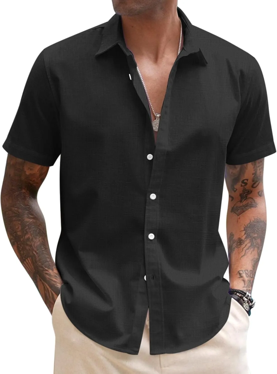 COOFANDY Men's Linen Casual Short Sleeve Shirt Button Down Summer Beach Wedding Shirts