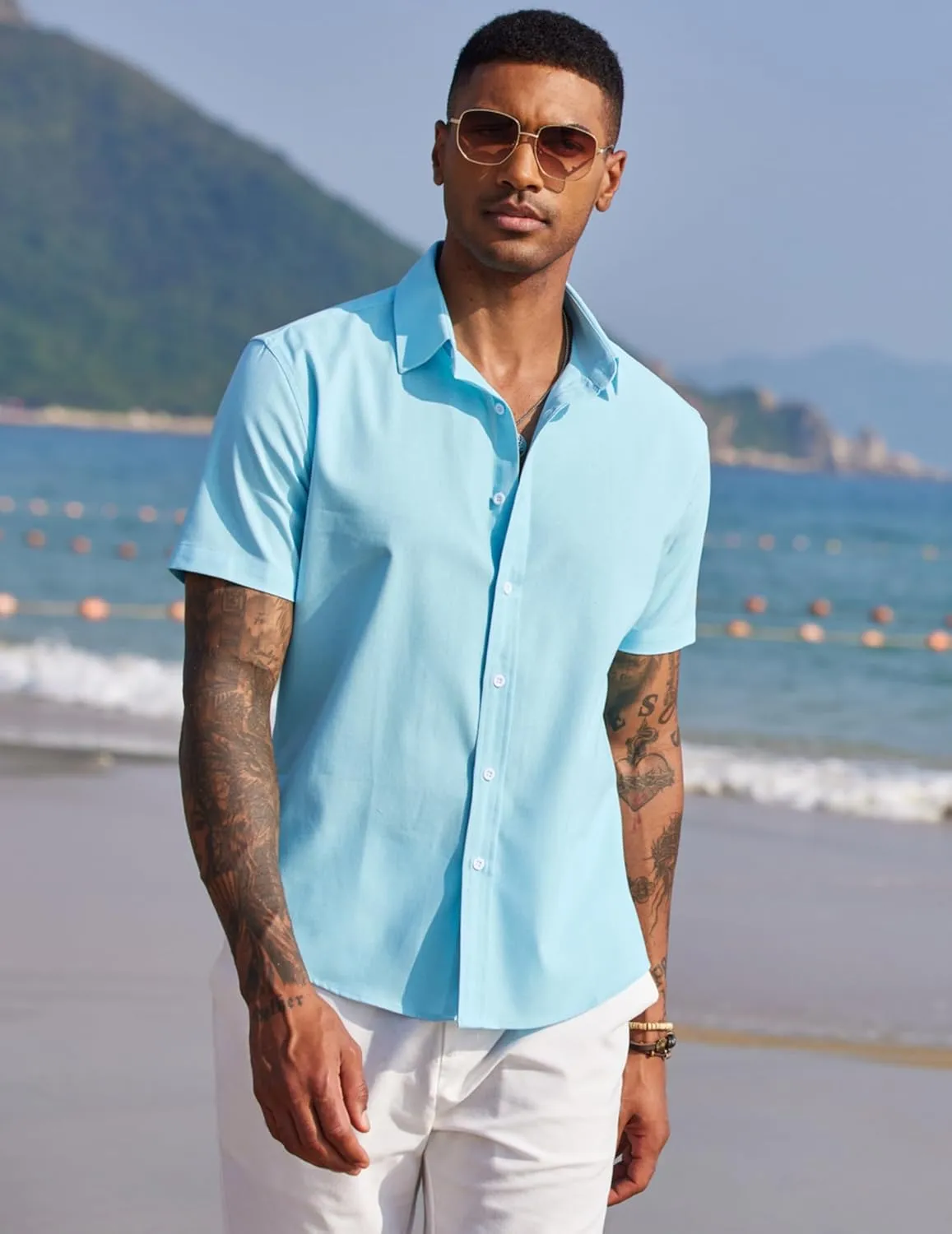 COOFANDY Men's Linen Casual Short Sleeve Shirt Button Down Summer Beach Wedding Shirts