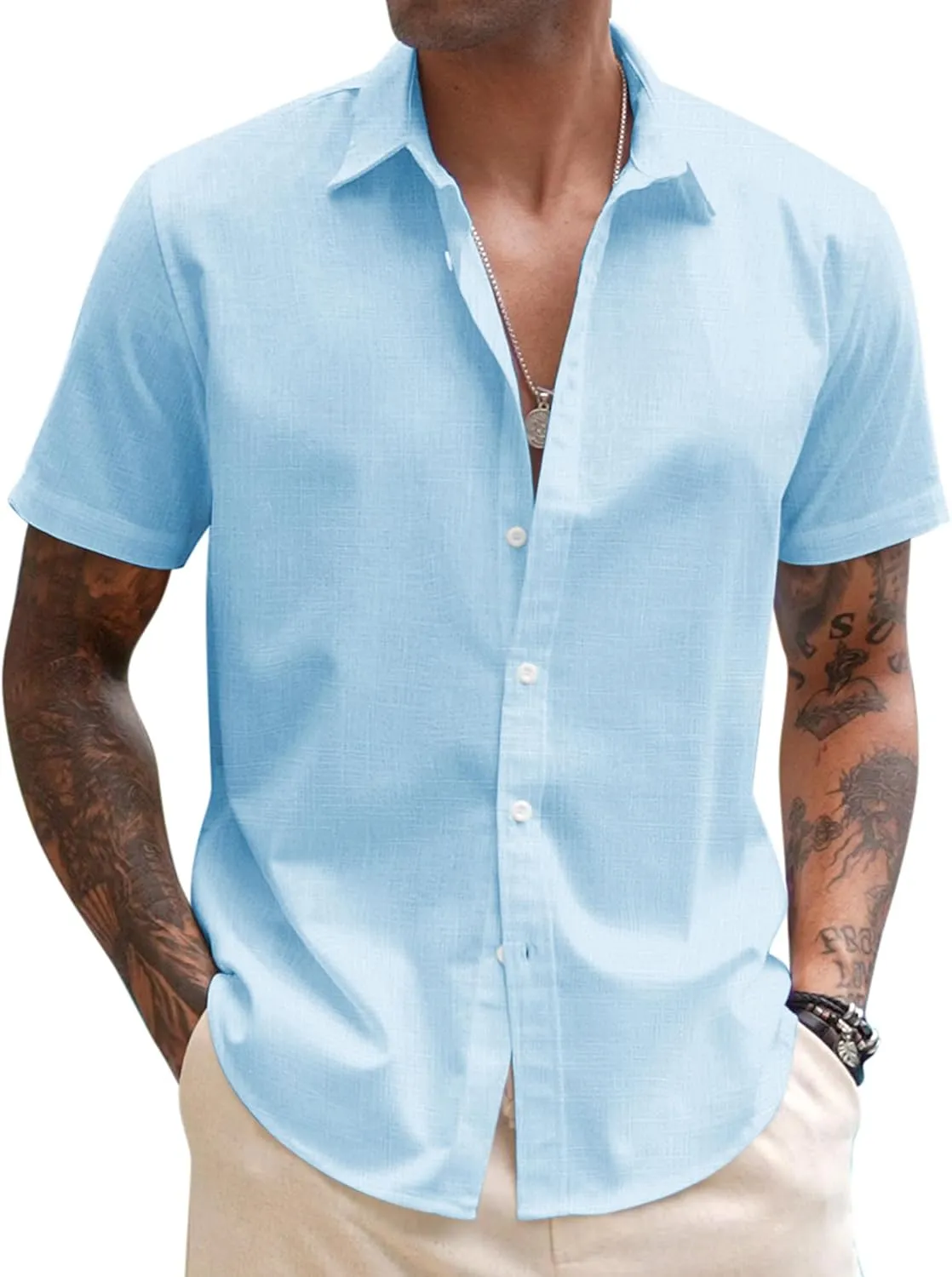 COOFANDY Men's Linen Casual Short Sleeve Shirt Button Down Summer Beach Wedding Shirts