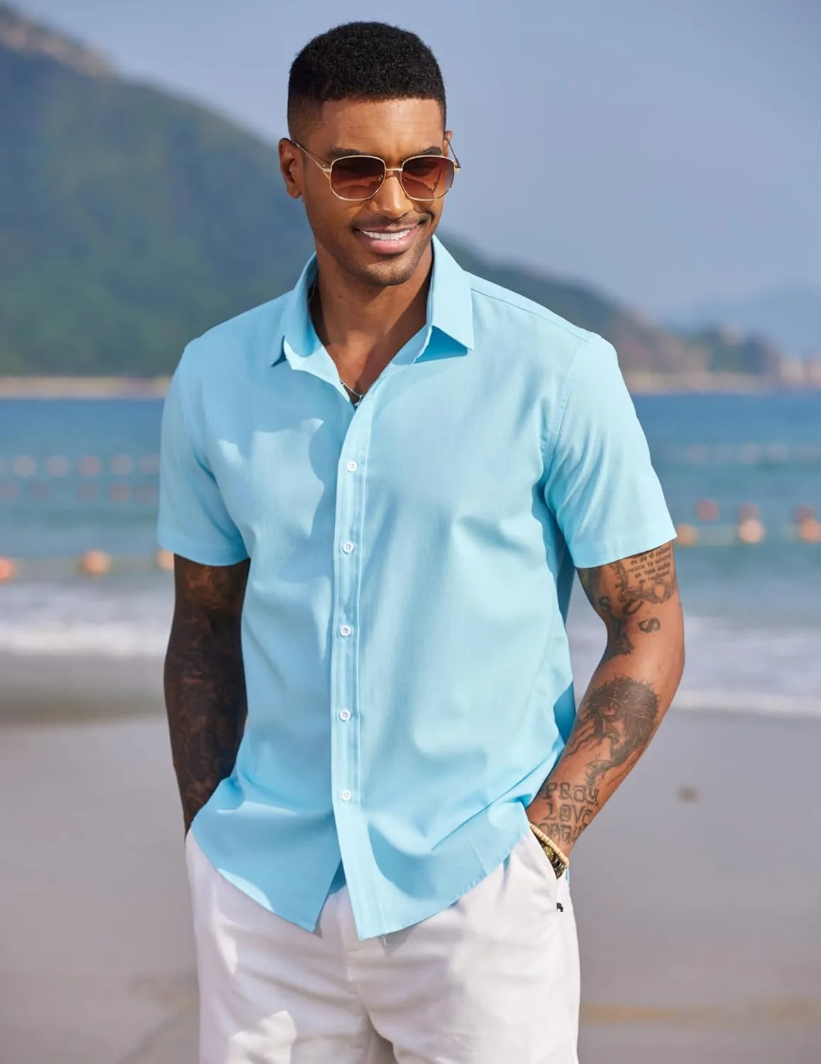 COOFANDY Men's Linen Casual Short Sleeve Shirt Button Down Summer Beach Wedding Shirts