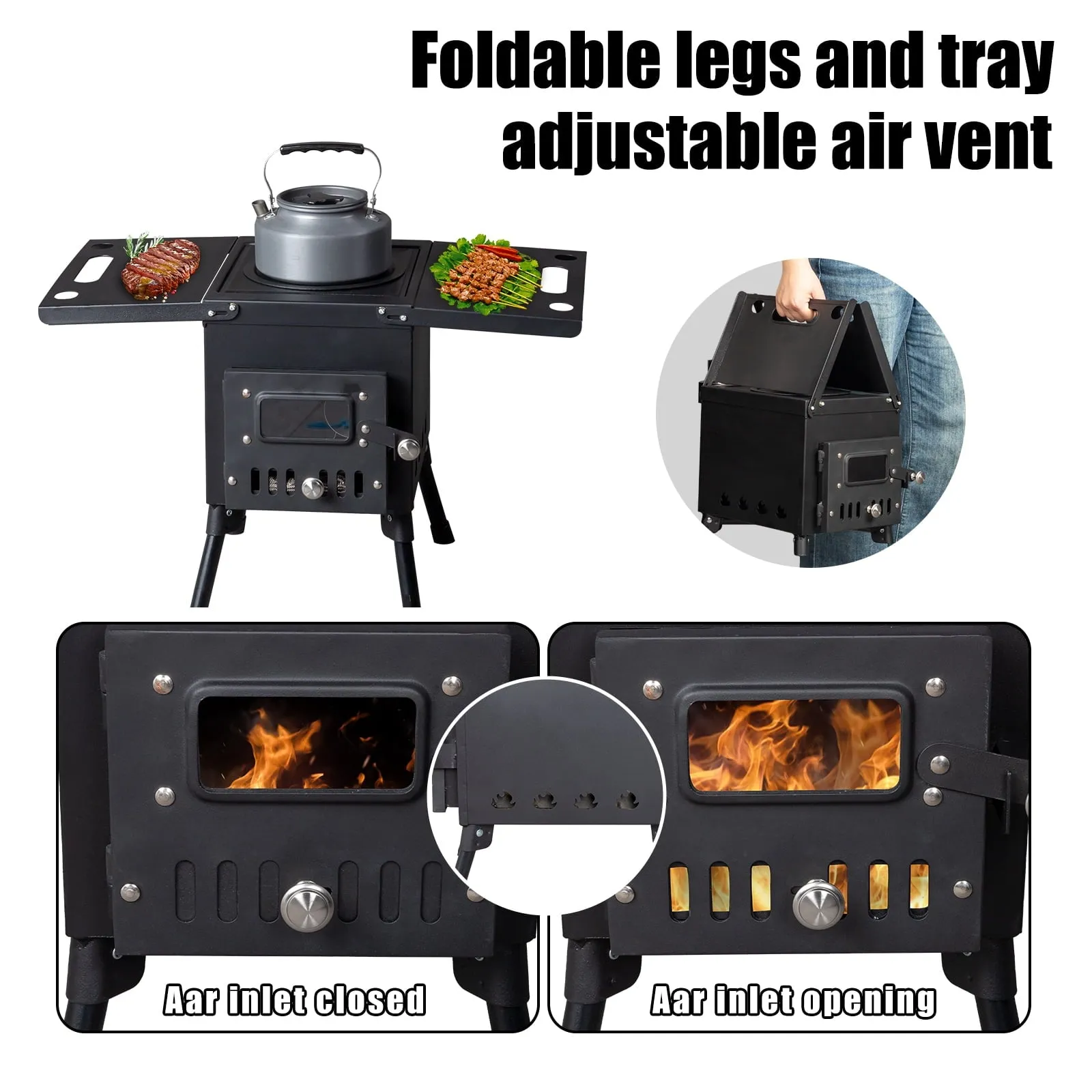 COOKCOK Camping rocket stove with chimney, 22.6"D x 11.4"W x 14.6"H, Alloy Steel, Black