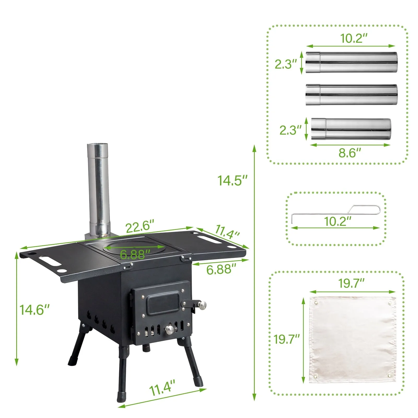 COOKCOK Camping rocket stove with chimney, 22.6"D x 11.4"W x 14.6"H, Alloy Steel, Black