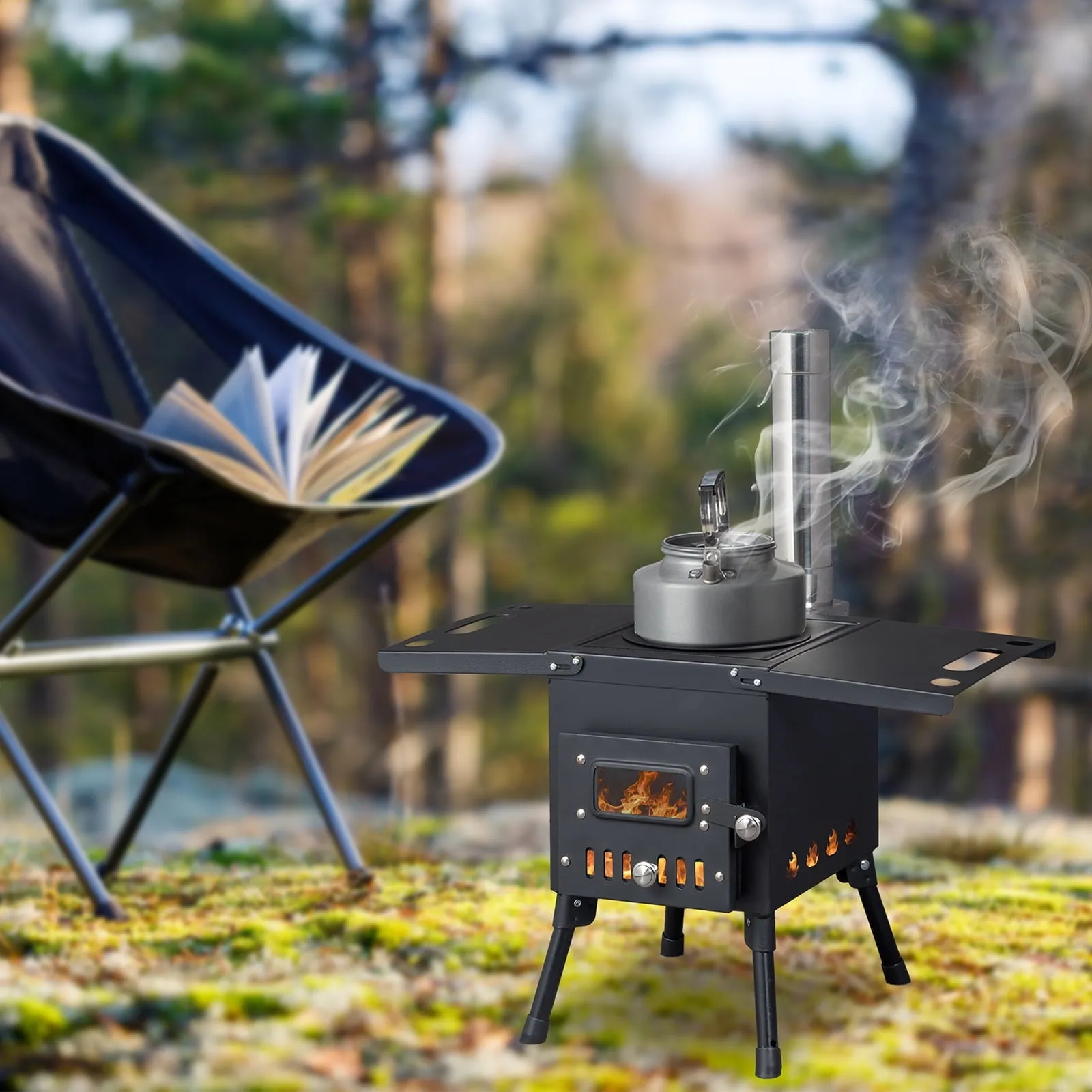 COOKCOK Camping rocket stove with chimney, 22.6"D x 11.4"W x 14.6"H, Alloy Steel, Black