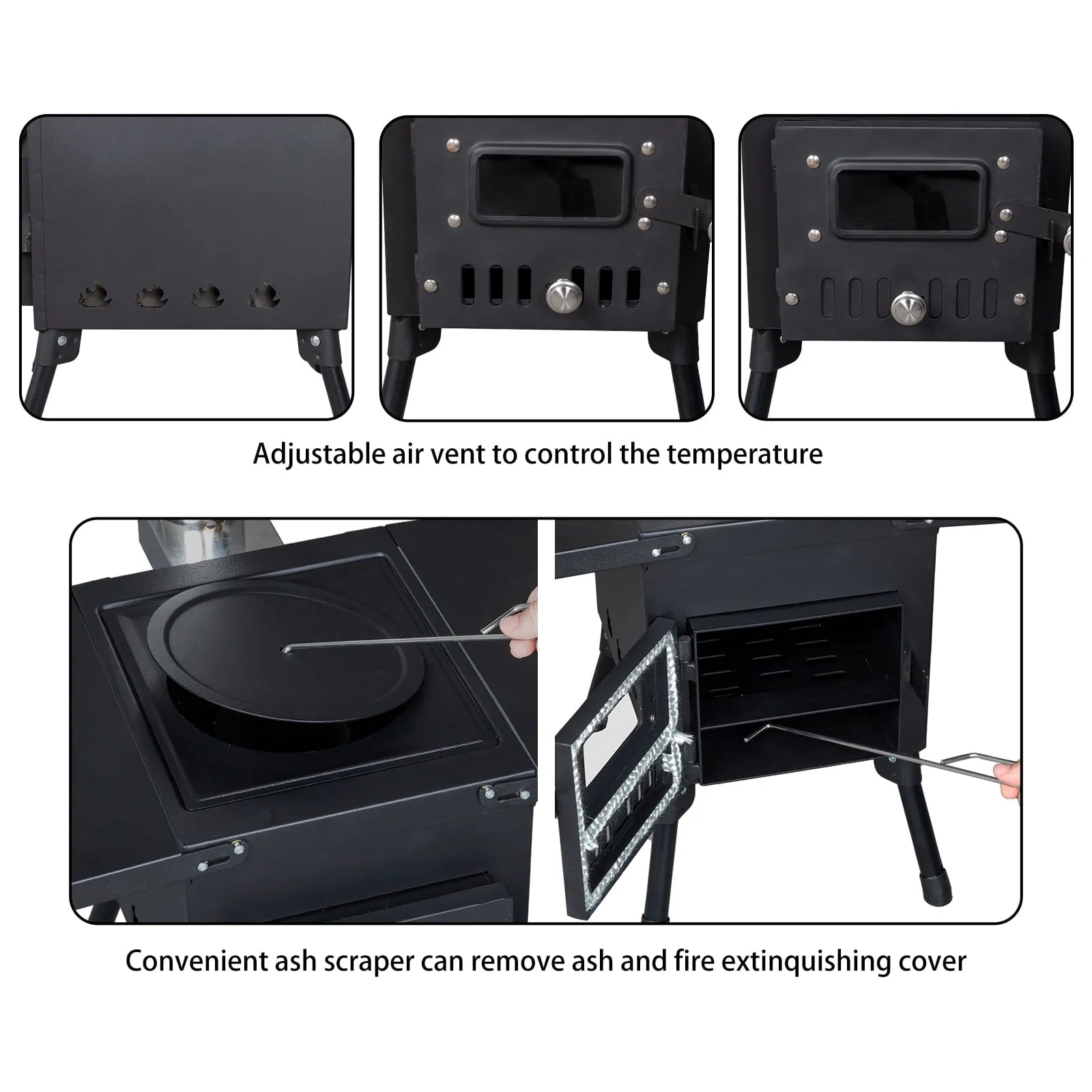 COOKCOK Camping rocket stove with chimney, 22.6"D x 11.4"W x 14.6"H, Alloy Steel, Black